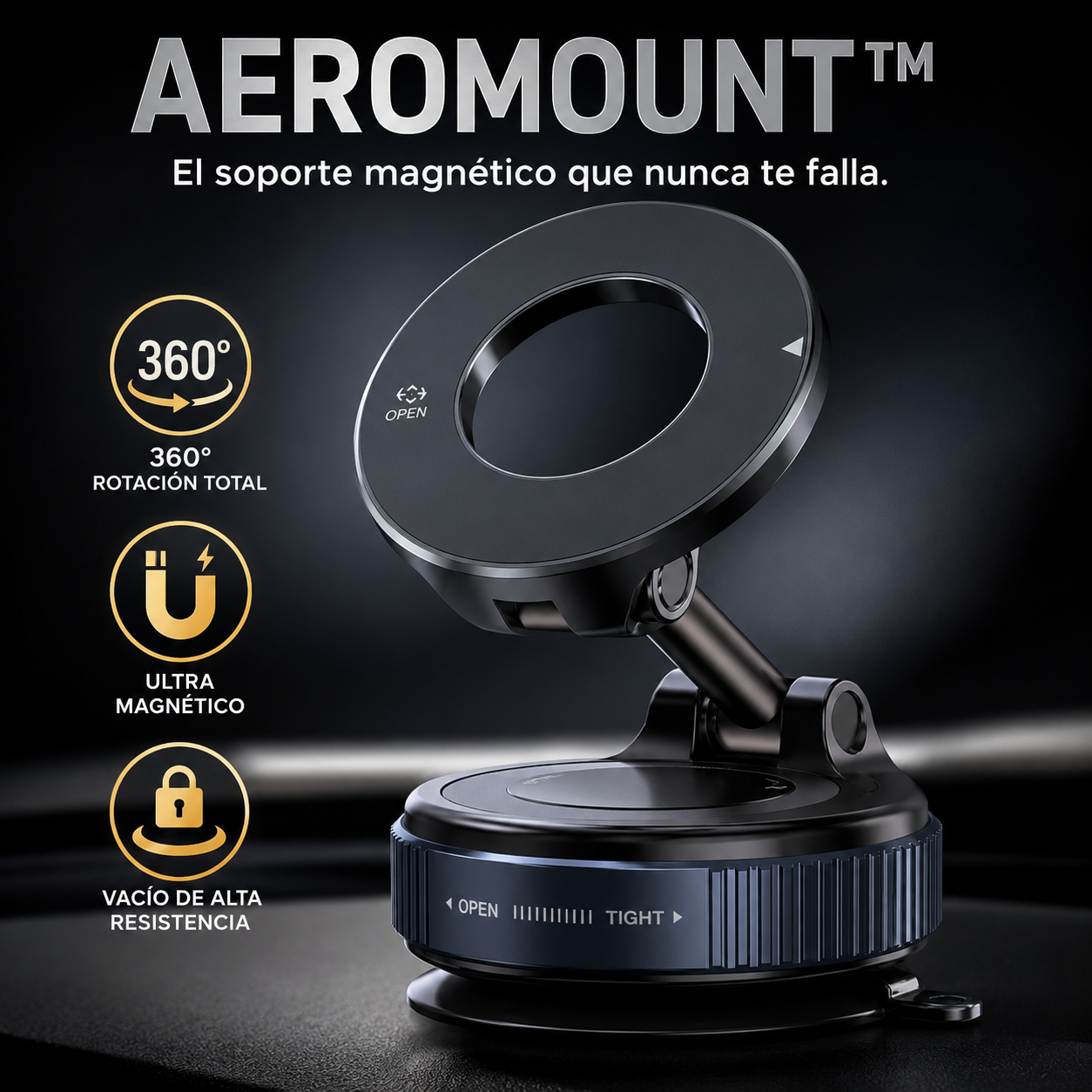 Soporte Magnético para Celular 360° para Auto | Base de Vacío Fuerte | Compatible con MagSafe | AEROMOUNT™
