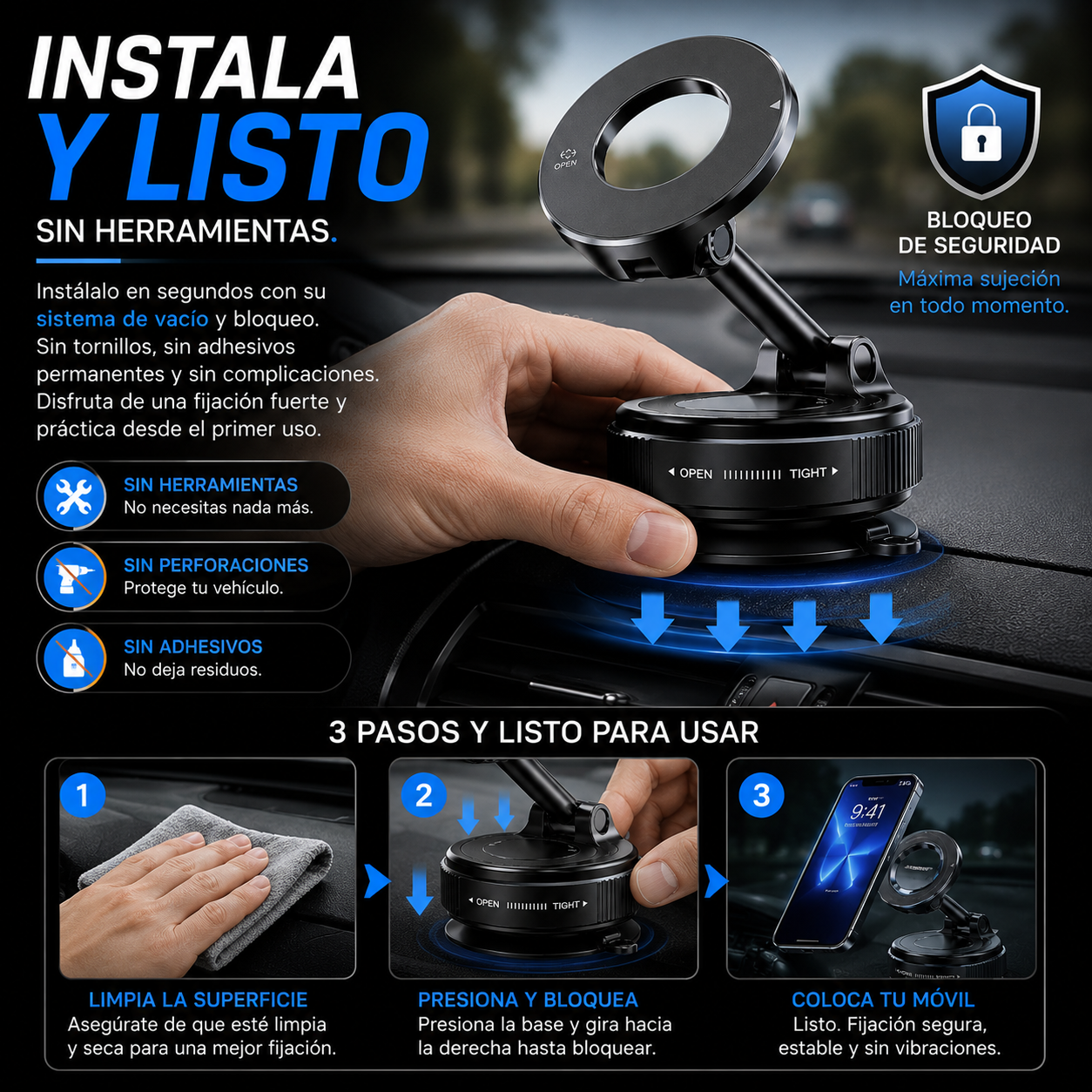 Soporte Magnético para Celular 360° para Auto | Base de Vacío Fuerte | Compatible con MagSafe | AEROMOUNT™