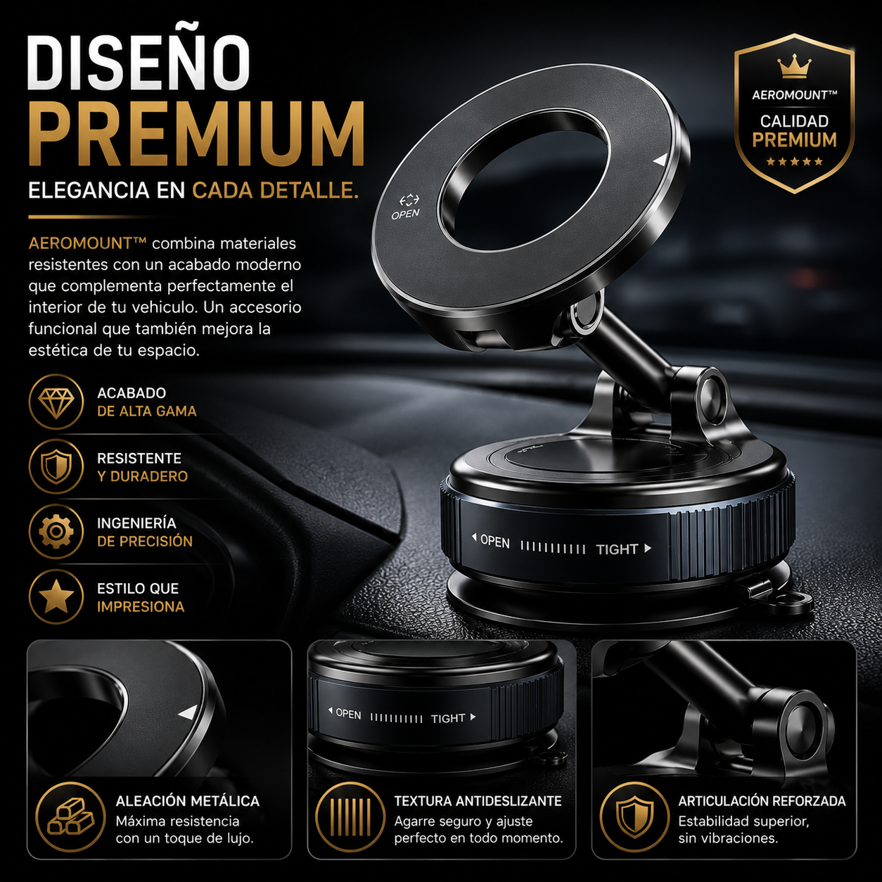 Soporte Magnético para Celular 360° para Auto | Base de Vacío Fuerte | Compatible con MagSafe | AEROMOUNT™