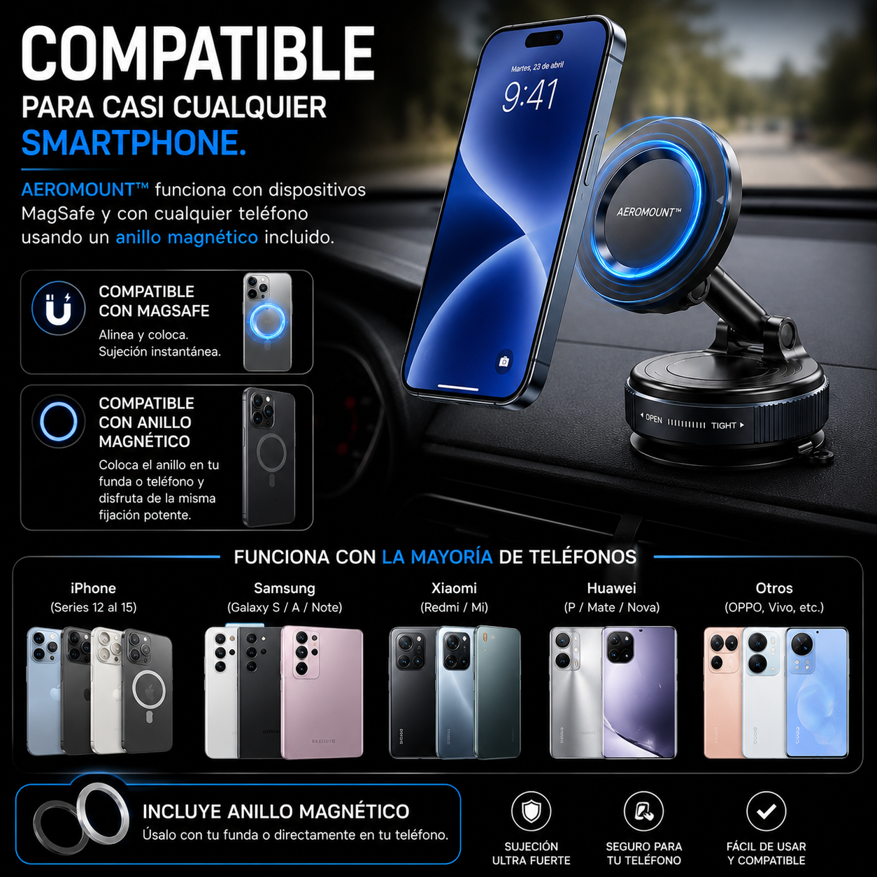 Soporte Magnético para Celular 360° para Auto | Base de Vacío Fuerte | Compatible con MagSafe | AEROMOUNT™