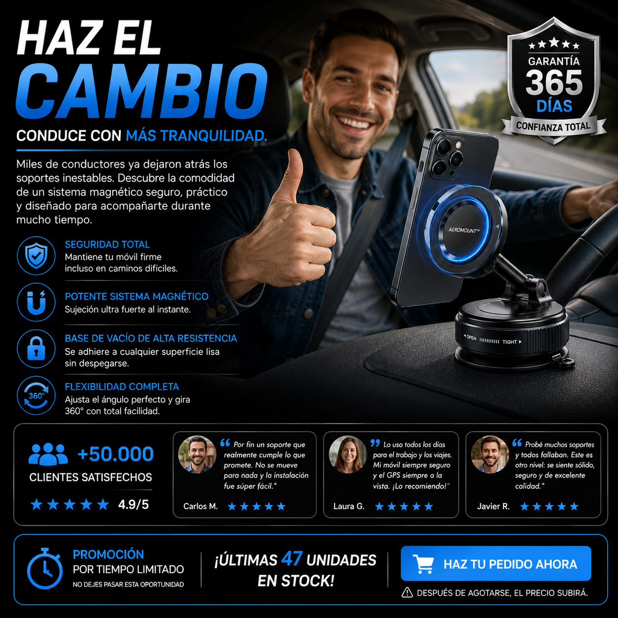 Soporte Magnético para Celular 360° para Auto | Base de Vacío Fuerte | Compatible con MagSafe | AEROMOUNT™